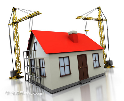 白色背景下的3D起重机与房屋建筑 现代建筑工业的视觉解析