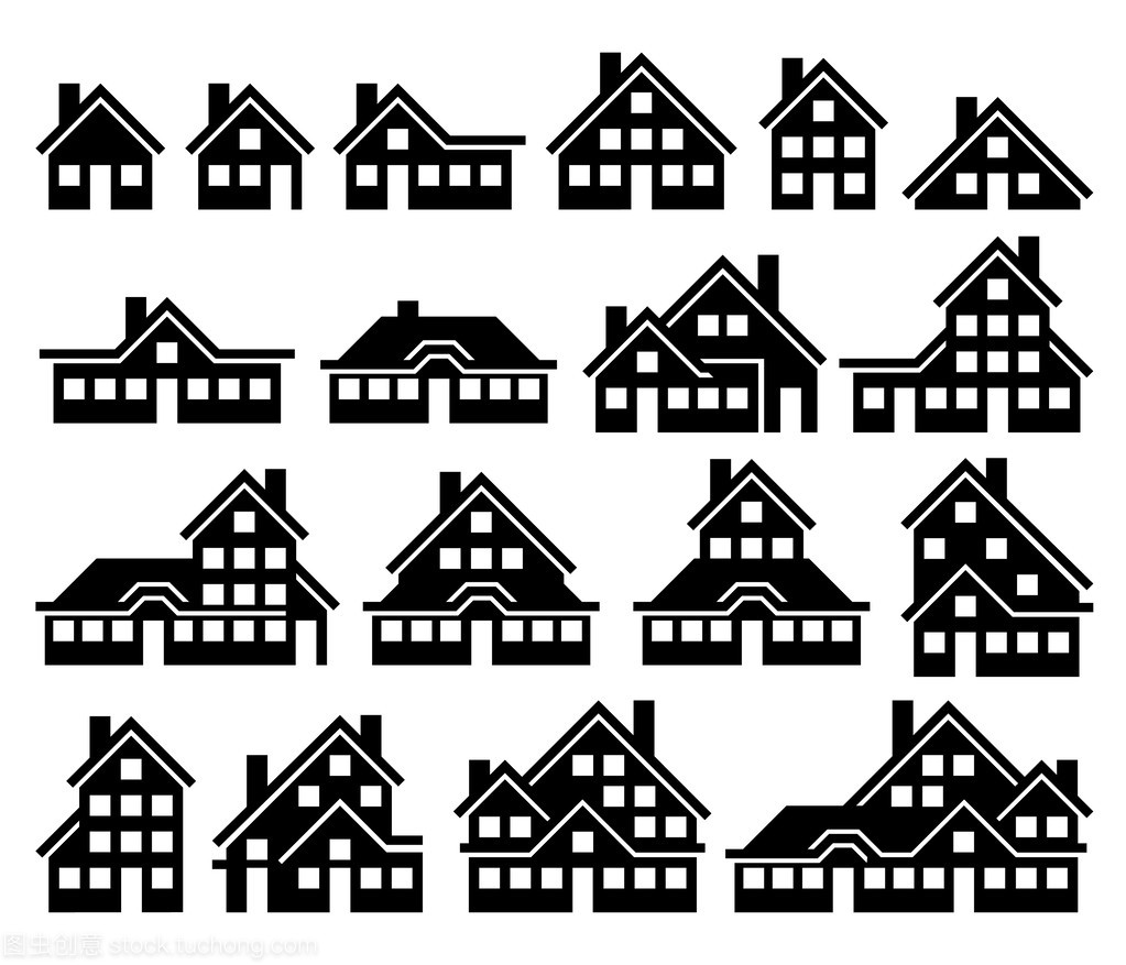 房屋建筑的黑色图标集 极简设计中的空间与结构美学